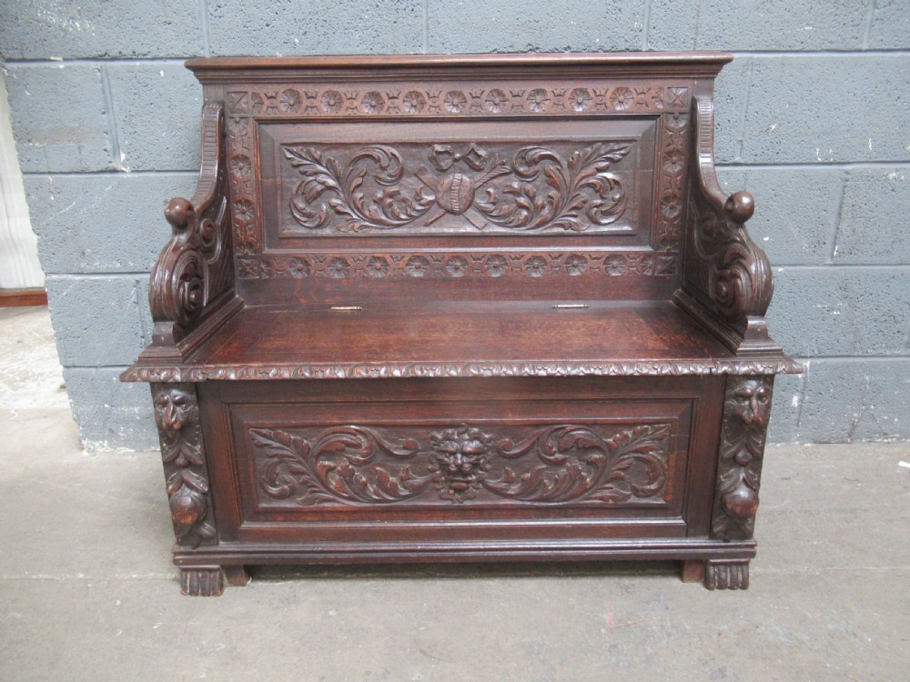Victorian   carved oak  lid bench seat View II