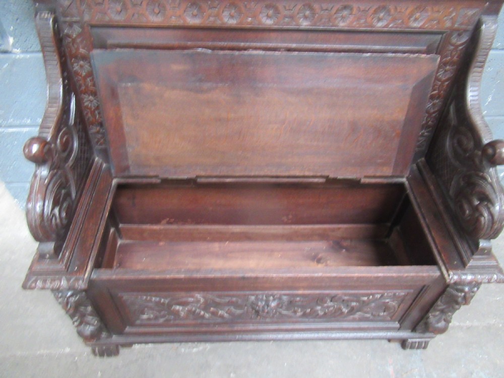 Victorian   carved oak  lid bench seat View VIII
