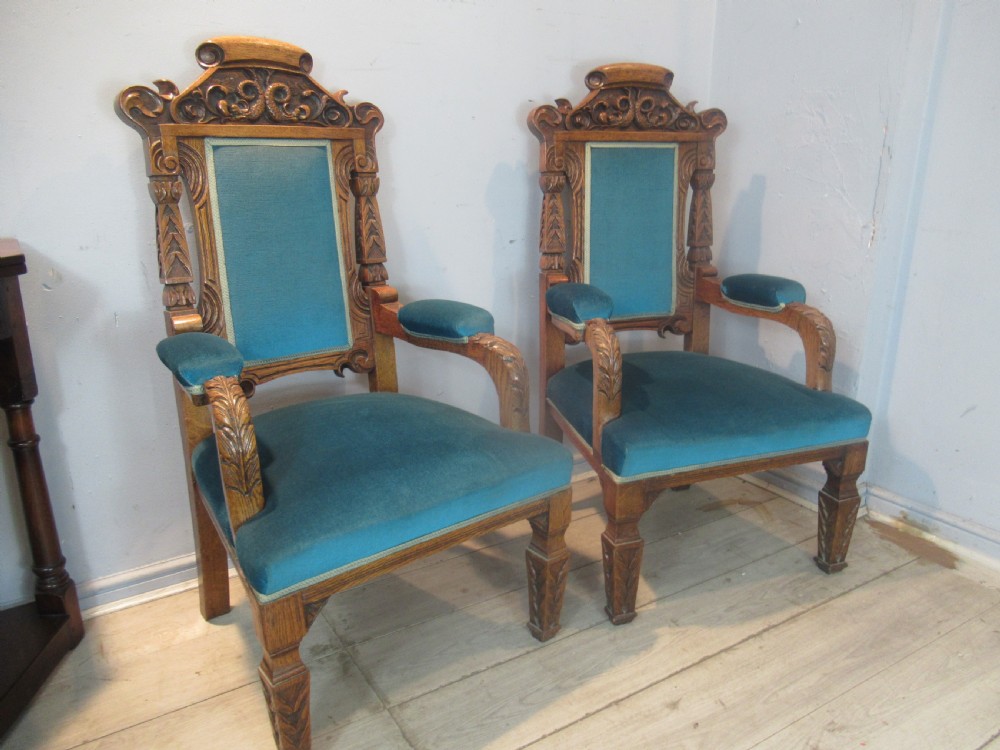 Pair of light oak late Victorian    arm chairs