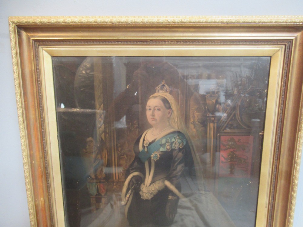 A full-length portrait of Queen Victoria in ceremonial attire, presented within a rectangular moulded gilt frame. View III