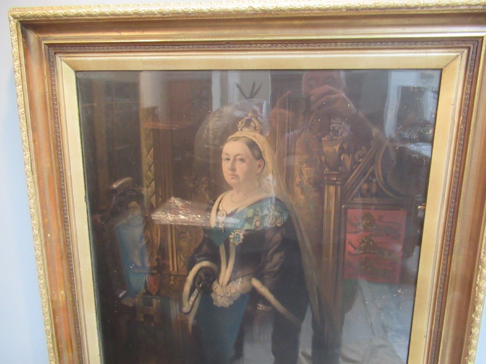 A full-length portrait of Queen Victoria in ceremonial attire, presented within a rectangular moulded gilt frame. View VII