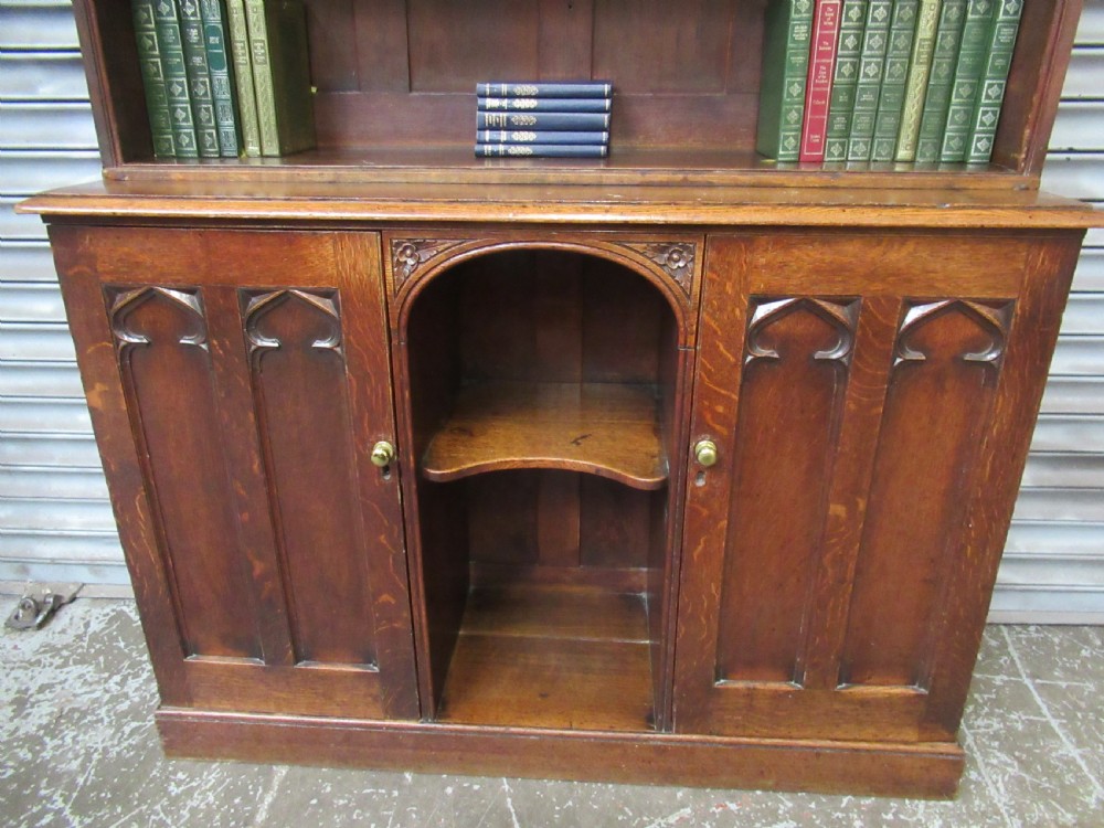 Victorian gothic oak open bookcase View XIII
