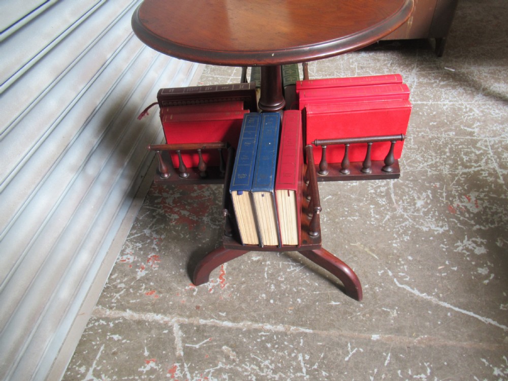 A late Victorian dark mahogany revolving book stand featuring a circular top, turned central column, spindle-galleried compartments, and a tripod base. View V