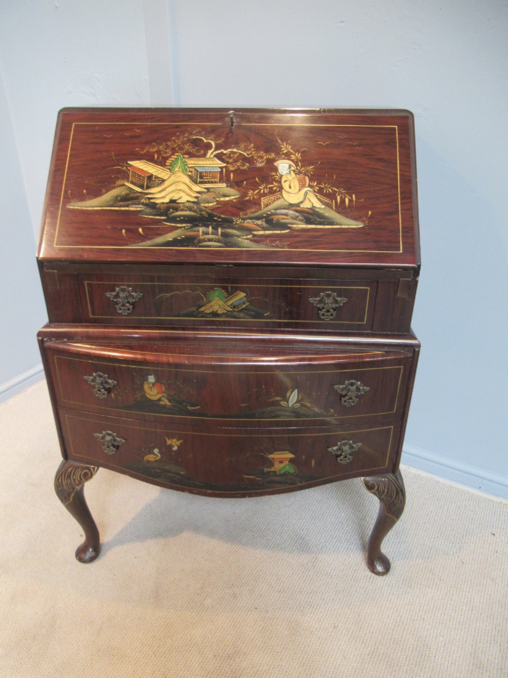Walnut   writing bureau  with Chinoiserie   decoration