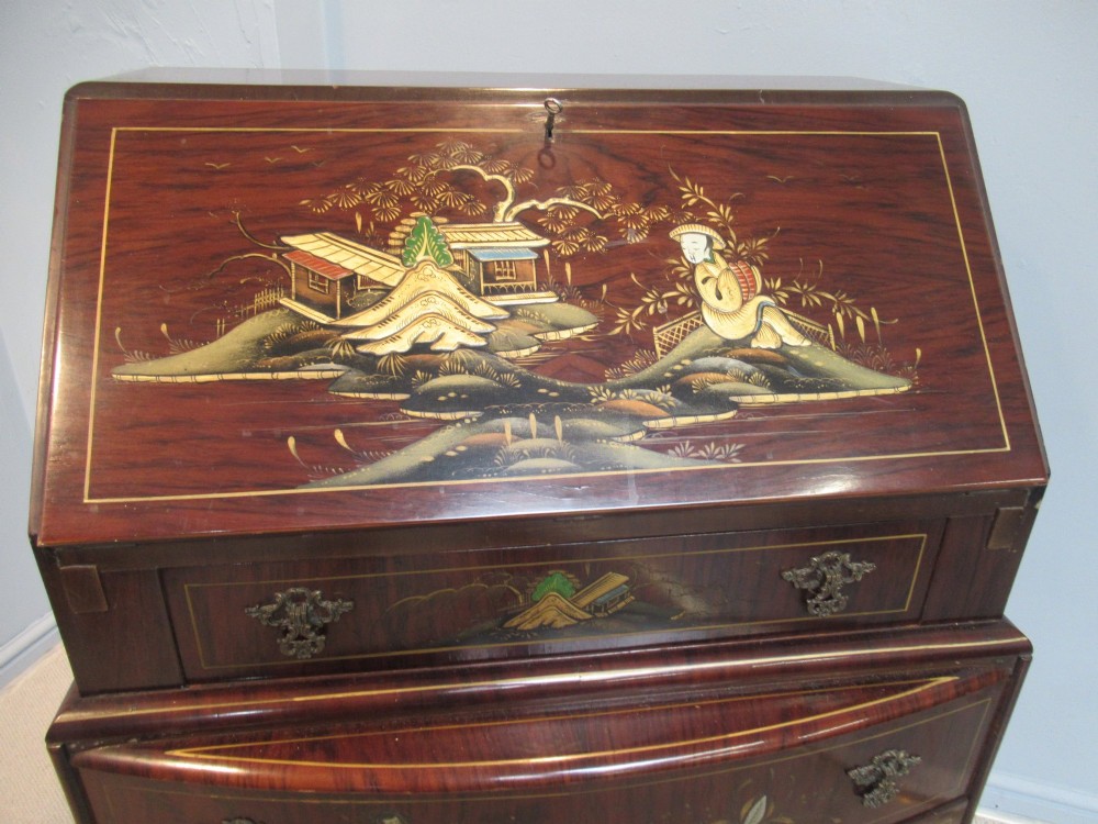 Walnut   writing bureau  with Chinoiserie   decoration View III