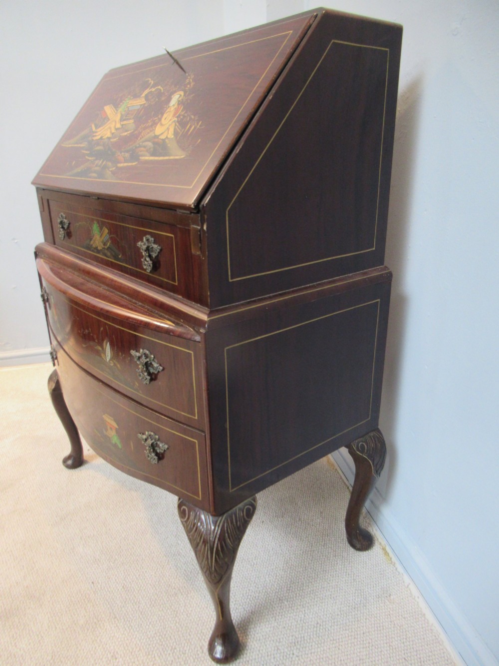 Walnut   writing bureau  with Chinoiserie   decoration View V
