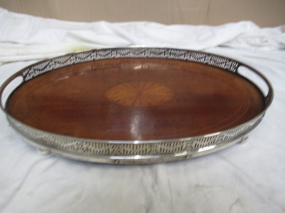 Oval   mahogany and plated   server tray View II