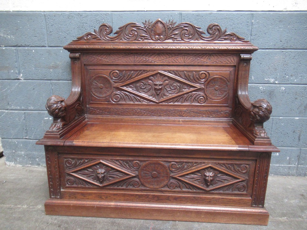Late Victorian carved oak bench seat