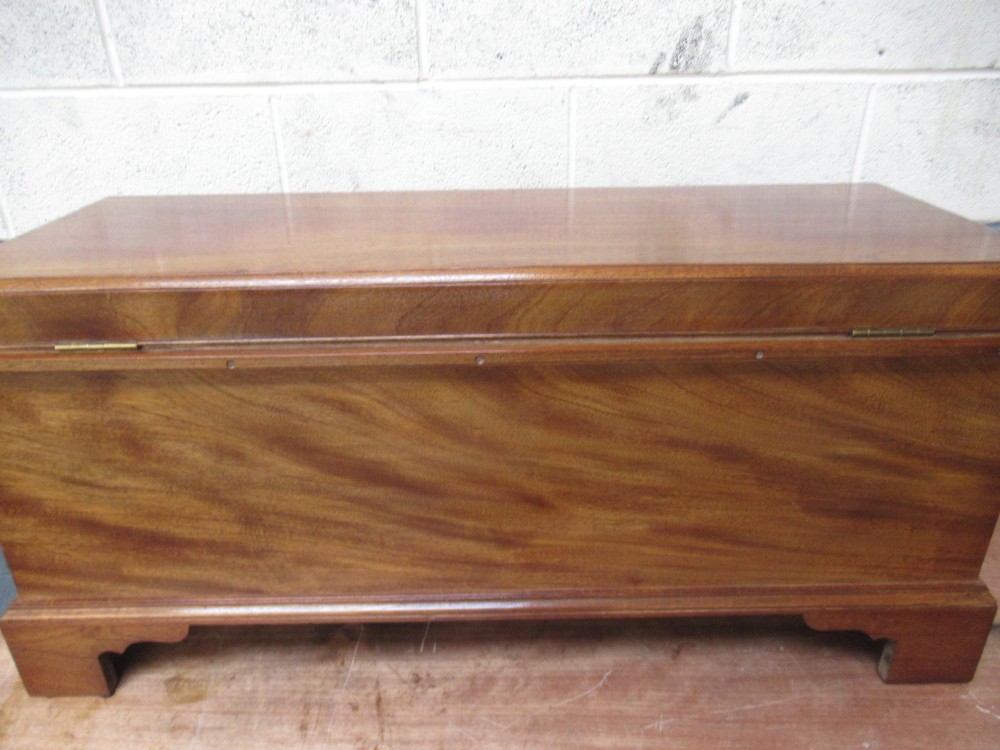 An open mahogany fitted storage chest with internal vertical wood dividers, a keyhole with a dark escutcheon, and a hinged lid. View IX