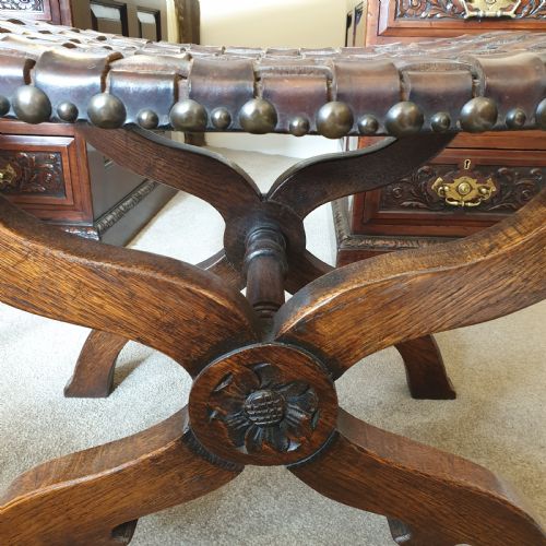 AN OAK LEATHER LATTICE SEATED ARTS CRAFTS 'X' FRAME STOOL - ADDITIONAL PHOTO 1