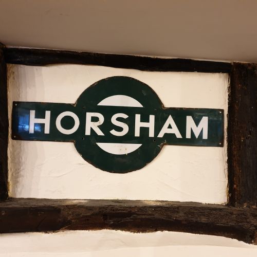 enamel target station sign for 'horsham' formerly part of the london brighton south coast railway - CATEGORY: ANTIQUE MISCELLANEOUS - DATED 1930