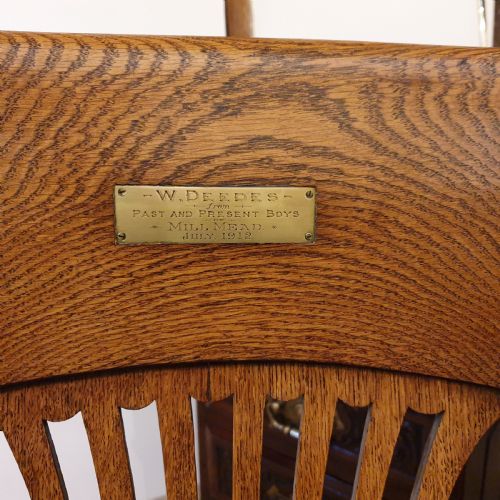 LIGHT OAK LEATHER SEATED REVOLVING DESK CHAIR PRESENTED TO W DEEDES BY THE PAST PRESENT BOYS IN 1912 - ADDITIONAL PHOTO 2