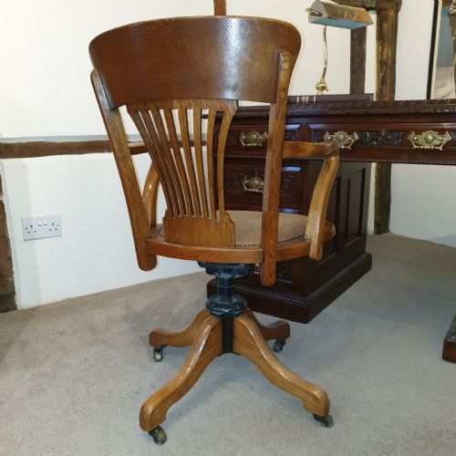 LIGHT OAK LEATHER SEATED REVOLVING DESK CHAIR PRESENTED TO W DEEDES BY THE PAST PRESENT BOYS IN 1912 - ADDITIONAL PHOTO 5