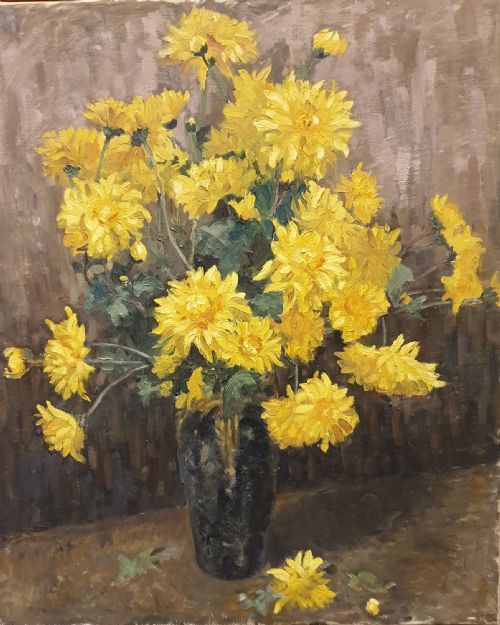 A Still Life of Yellow Chrysanthemums by Hazel Bruce Dunlop