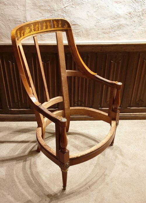 AN INLAID SATINWOOD ARMCHAIR FRAME WITH ORMOLU MOUNTS AWAITING UPHOLSTERY - ADDITIONAL PHOTO 7