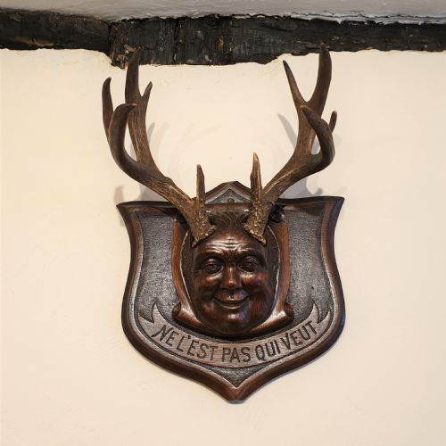 a carved oak stag horned face mask - CATEGORY: ANTIQUE MISCELLANEOUS - DATED 1890