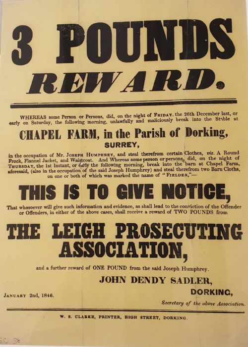 original 19th century reward poster unlawful malicious thefts from surrey stables - CATEGORY: ANTIQUE MISCELLANEOUS - DATED 19TH CENTURY