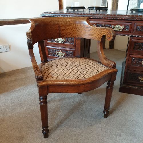 19TH CENTURY OAK DESK CHAIR WITH CANED SEAT BUTTONED LEATHER CUSHION - ADDITIONAL PHOTO 3