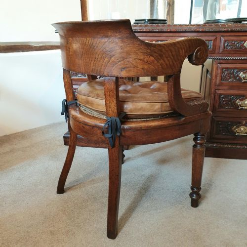 19TH CENTURY OAK DESK CHAIR WITH CANED SEAT BUTTONED LEATHER CUSHION - ADDITIONAL PHOTO 5