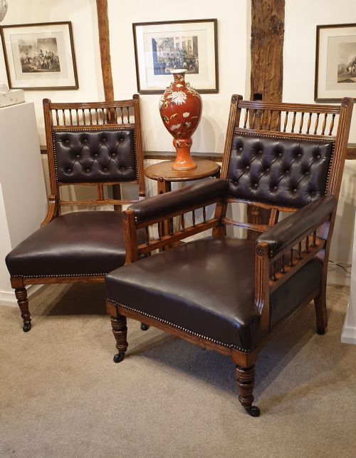 a button backed leather upholstered oak aesthetic movement armchair with a matching slipper chair - CATEGORY: ANTIQUE CHAIRS - DATED 1880