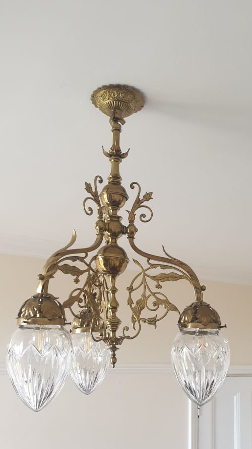 an impressive brass three branch ceiling light with faceted clear glass shades - CATEGORY: ANTIQUE LIGHTING - DATED EDWARDIAN