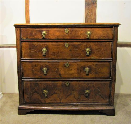 a william mary circa 1700 walnut and oak chest of drawers with original decorative inlay - CATEGORY: ANTIQUE CHEST OF DRAWERS - DATED 17TH CENTURY