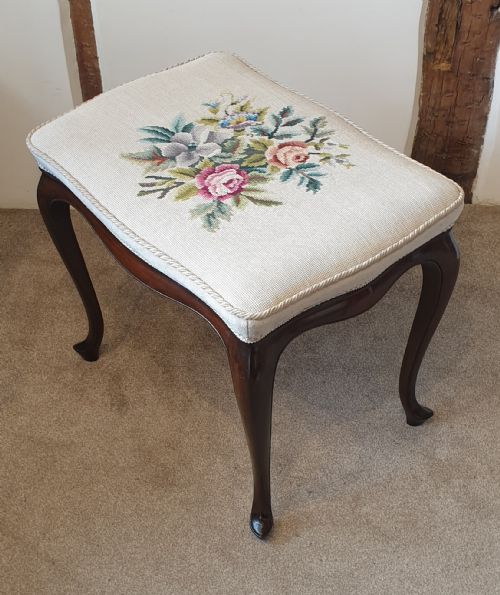 A MAHOGANY CABRIOLE LEGGED STOOL WITH AN ATTRACTIVE FLORAL NEEDLEWORK SEAT - ADDITIONAL PHOTO 3
