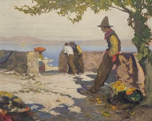 albert meindl by the amalfi coast framed oil on canvas - CATEGORY: ANTIQUE ART - DATED 1920