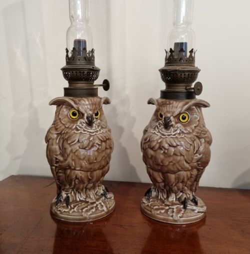 pair of antique owl oil lamps by william whiteley - CATEGORY: ANTIQUE LIGHTING - DATED EDWARDIAN
