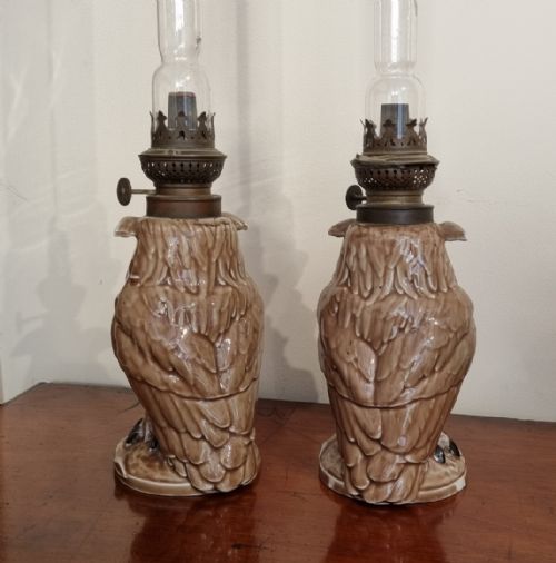 PAIR OF ANTIQUE OWL OIL LAMPS BY WILLIAM WHITELEY - ADDITIONAL PHOTO 3