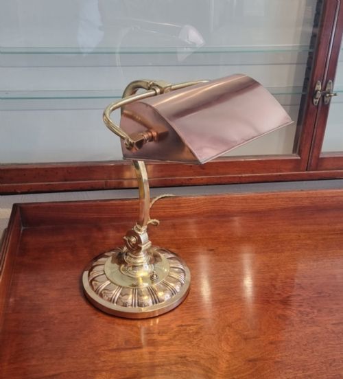 AN ANTIQUE BRASS COPPER AND GUNMETAL ADJUSTABLE DESK LAMP - ADDITIONAL PHOTO 1