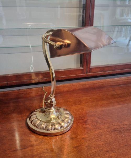 AN ANTIQUE BRASS COPPER AND GUNMETAL ADJUSTABLE DESK LAMP - ADDITIONAL PHOTO 3