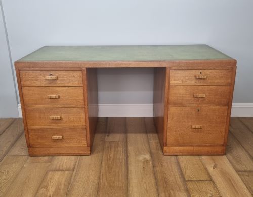 a heals of london light oak pedestal desk - CATEGORY: ANTIQUE DESKS - DATED 1920