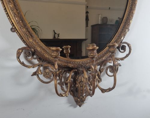 ANTIQUE GILT OVAL GIRANDOLE WALL MIRROR - ADDITIONAL PHOTO 5