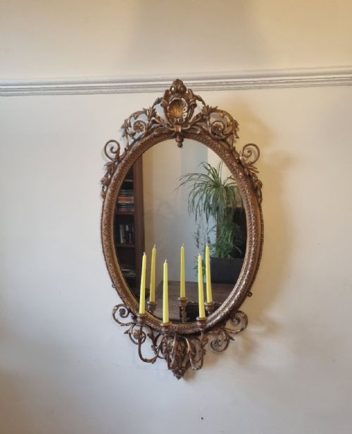 ANTIQUE GILT OVAL GIRANDOLE WALL MIRROR - ADDITIONAL PHOTO 11