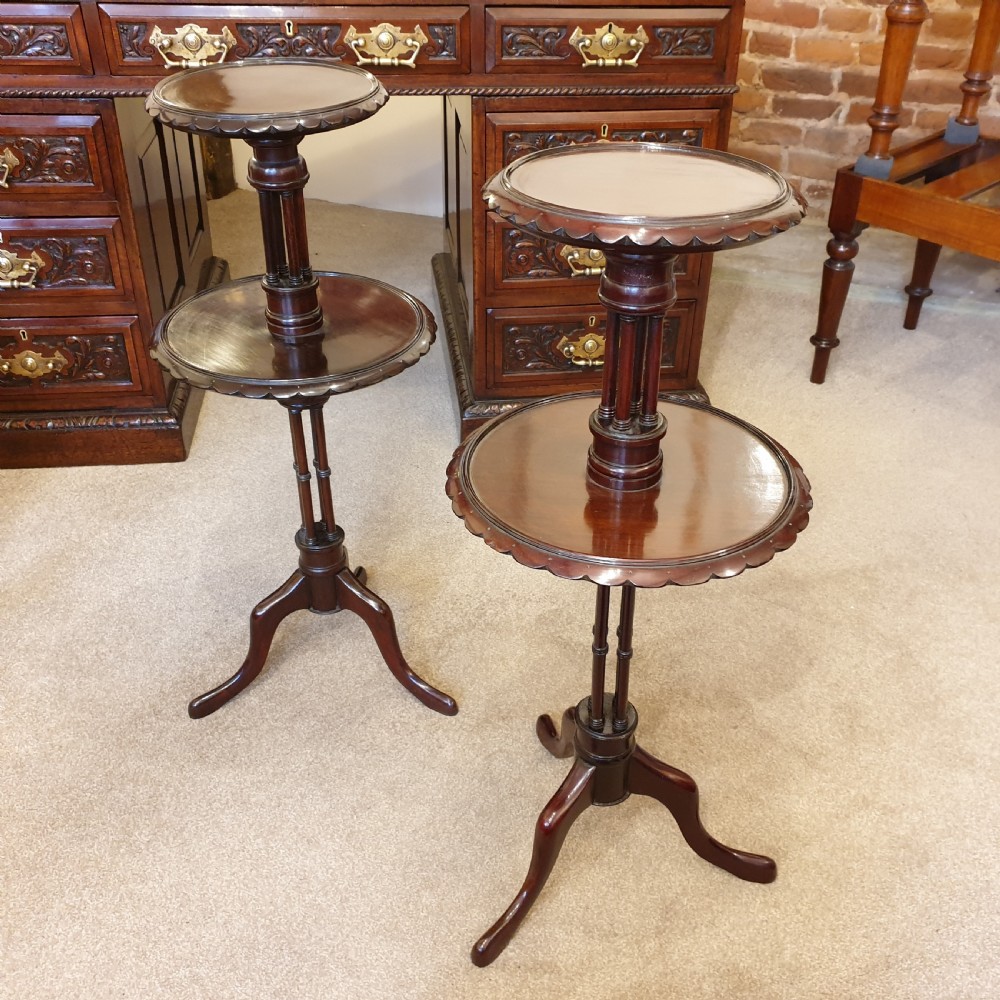 Pair of two tier mahogany occasional tables ( previously from a Surrey country estate )