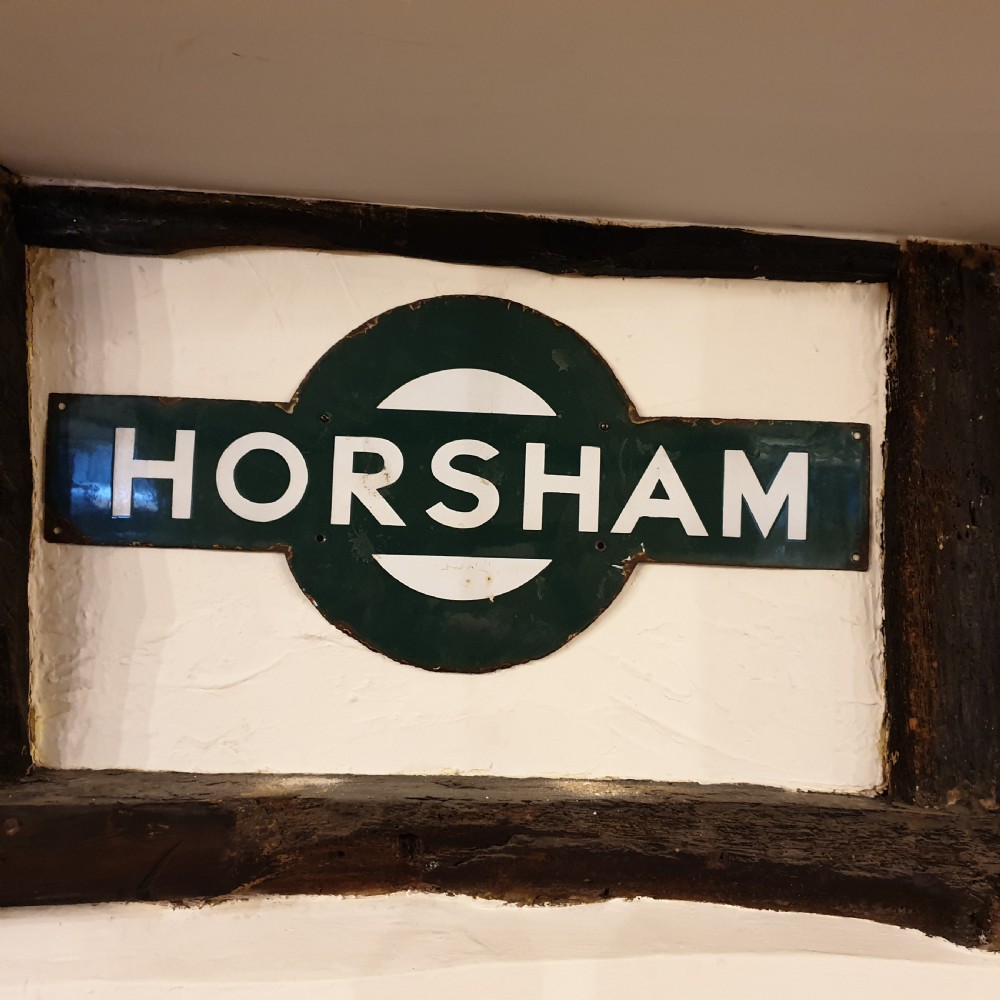 Enamel target station sign for 'Horsham' - formerly  part of the London Brighton & South Coast Railway 