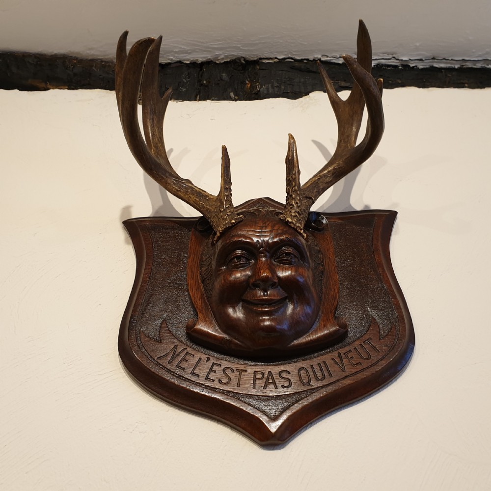 A carved oak & stag horned face mask  View III