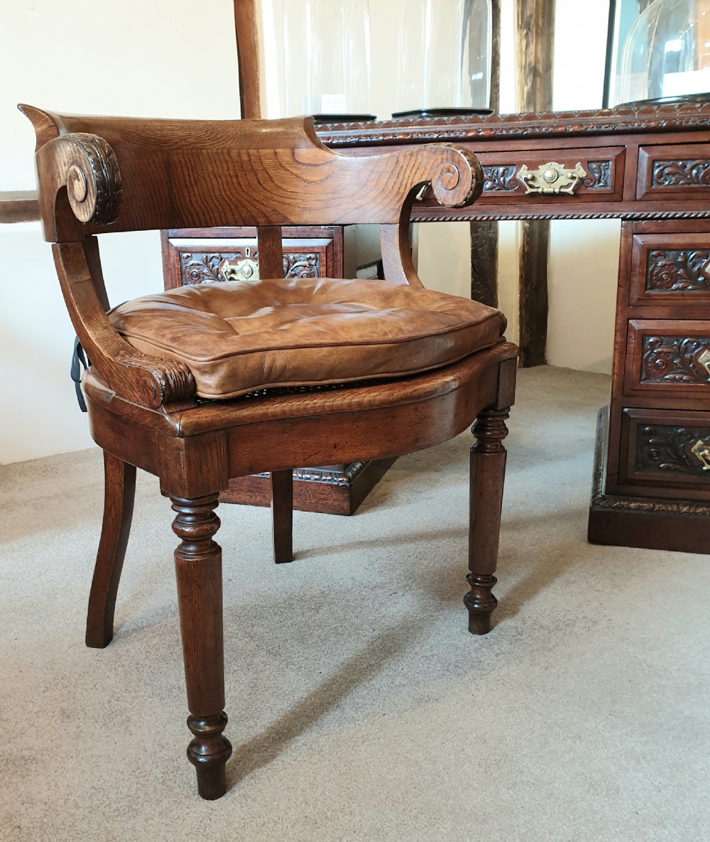 19th Century oak desk chair with caned seat & buttoned leather cushion  View III