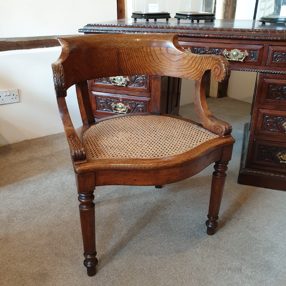 19th Century oak desk chair with caned seat & buttoned leather cushion  View IV