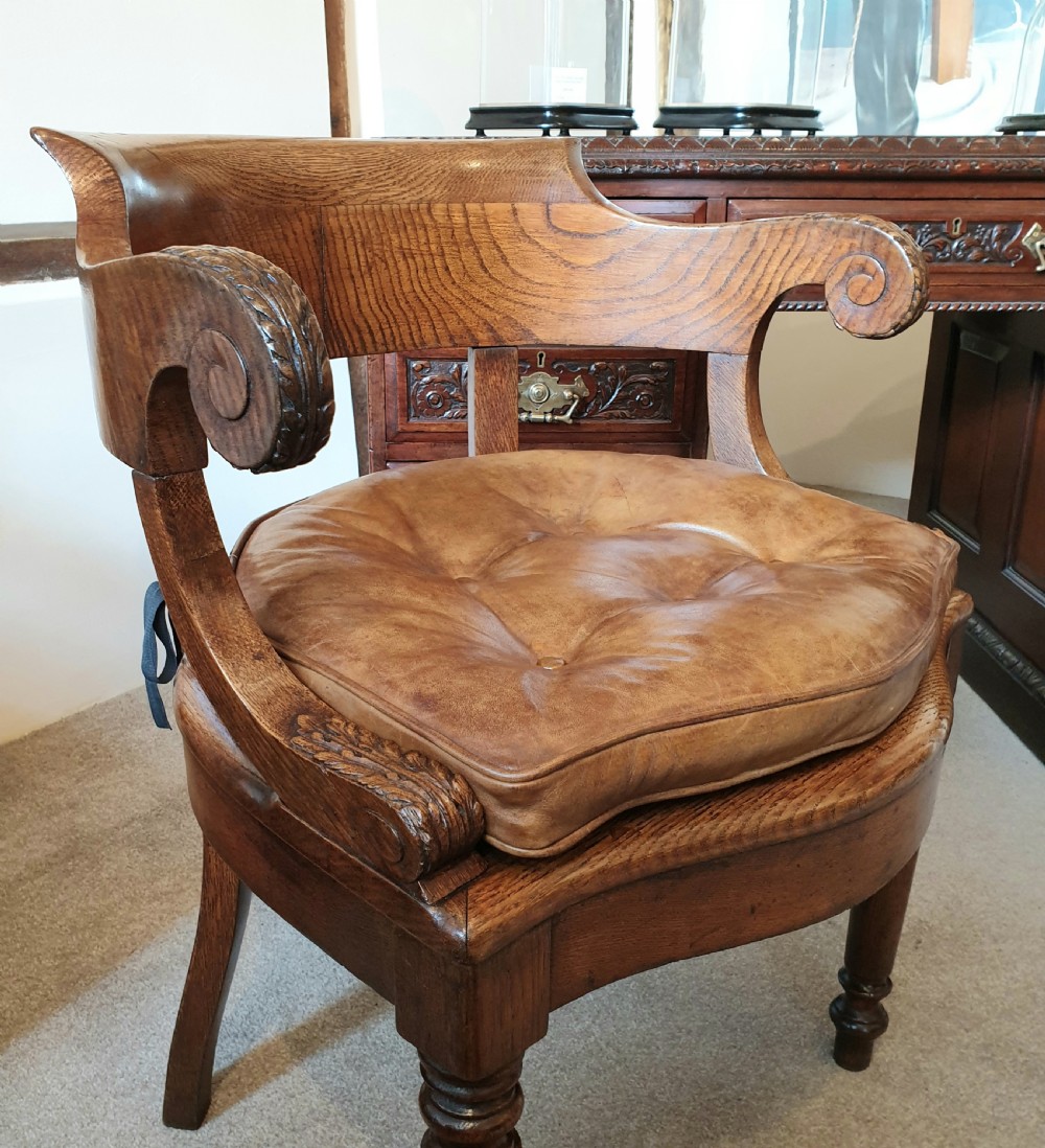 19th Century oak desk chair with caned seat & buttoned leather cushion  View V