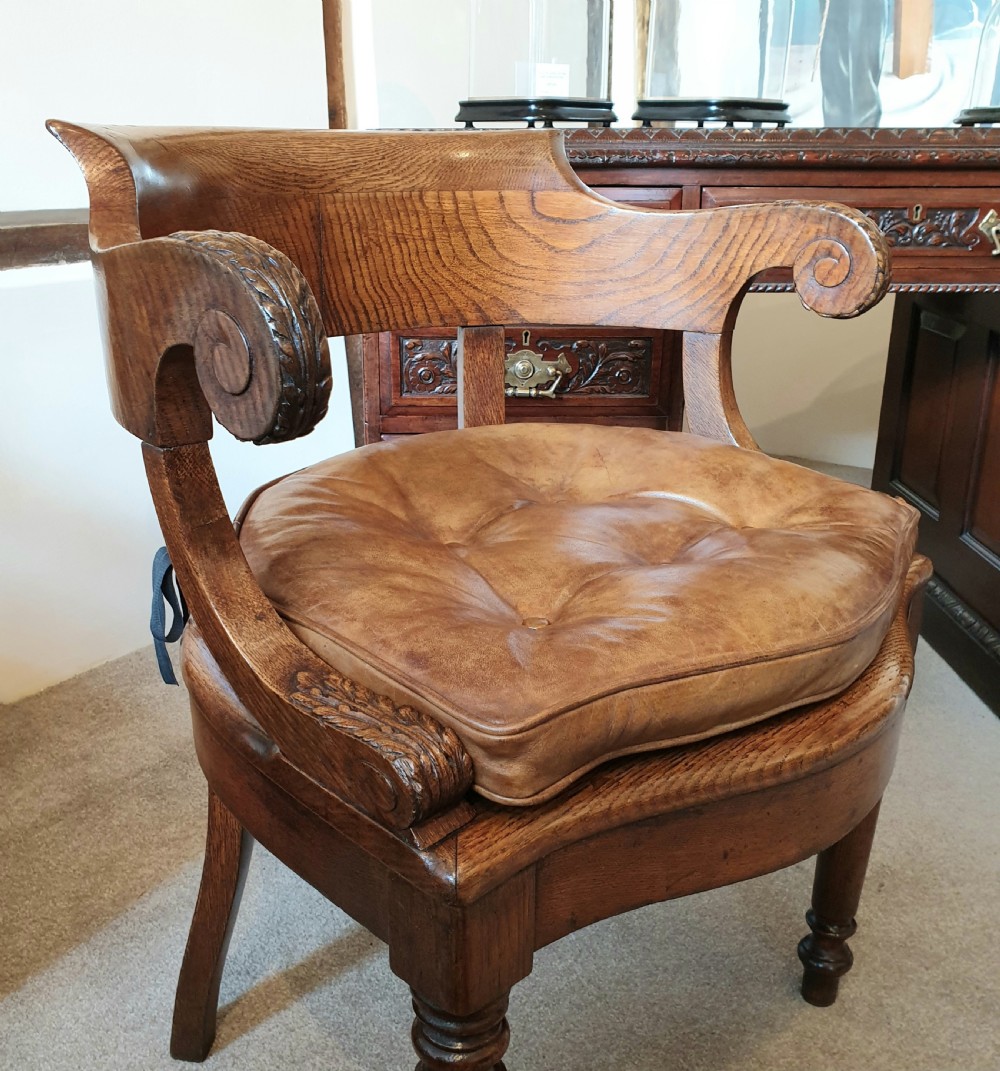19th Century oak desk chair with caned seat & buttoned leather cushion  View VIII