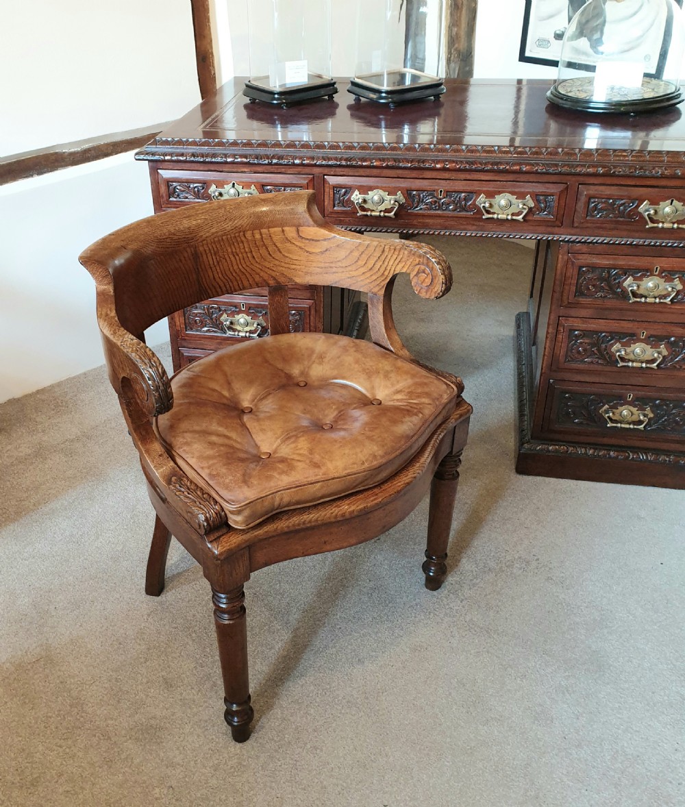 19th Century oak desk chair with caned seat & buttoned leather cushion  View IX