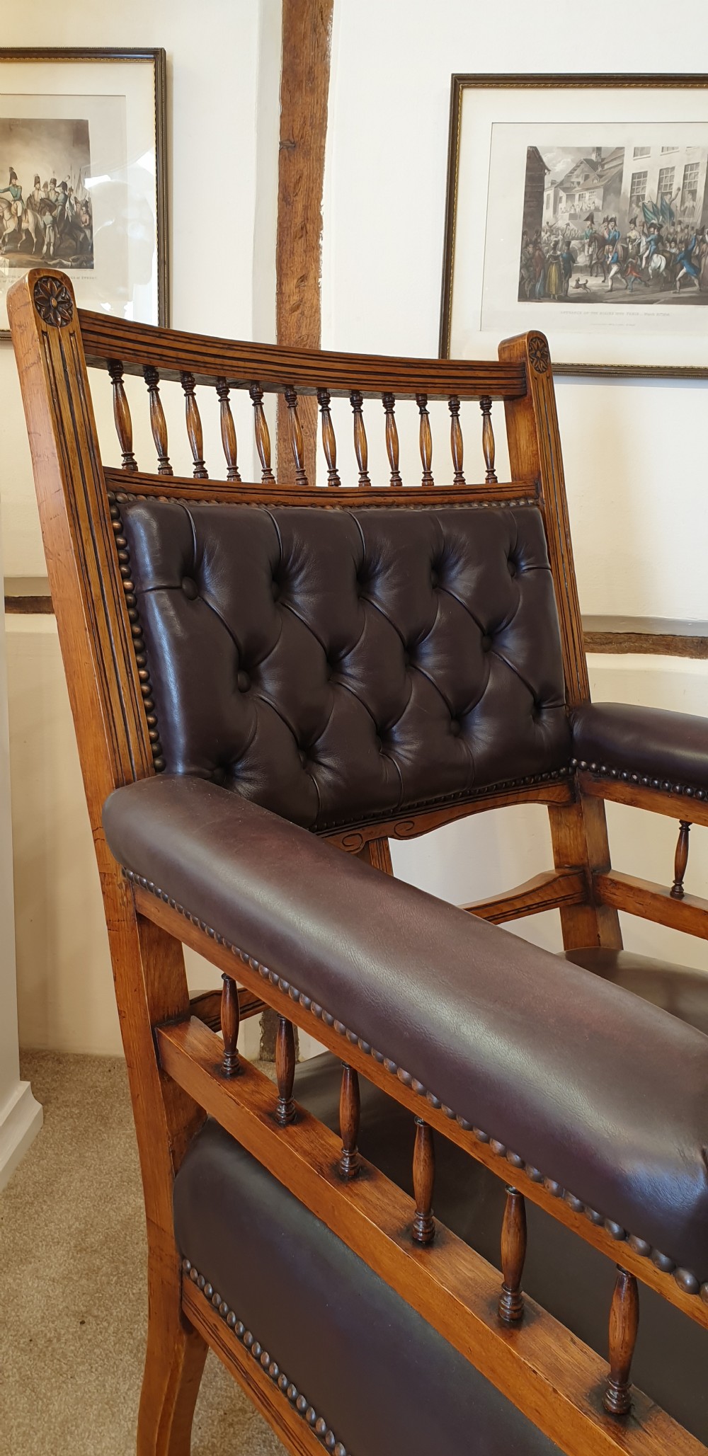A button backed leather upholstered oak aesthetic movement armchair with a matching slipper chair  View II