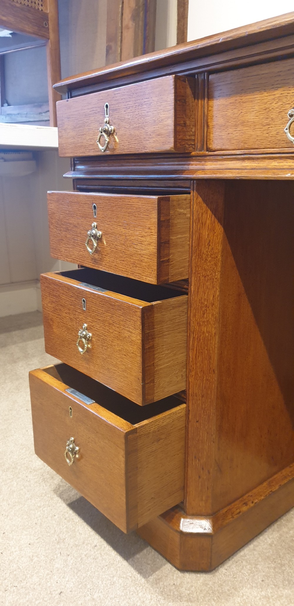 Fine Late 19th Century oak pedestal desk in the Gothic style  View VI