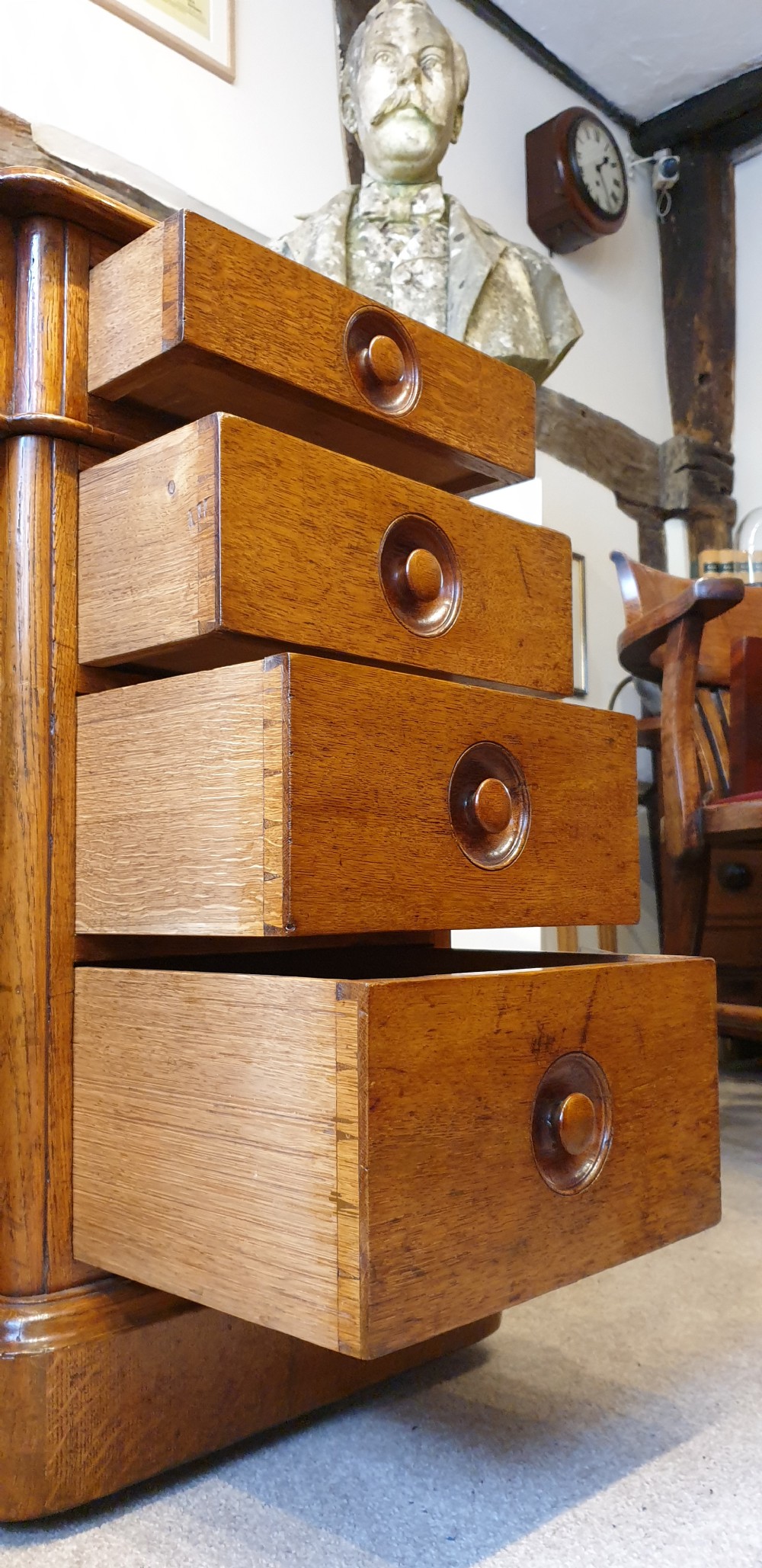 Late 19th Century oak pedestal desk with turned inset handles  View V