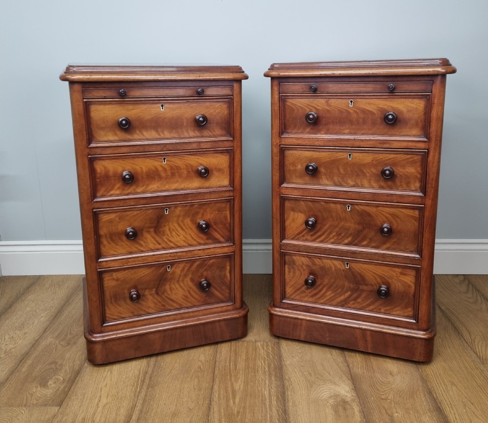A fine pair of mahogany pedestal bedside chests with brushing slides