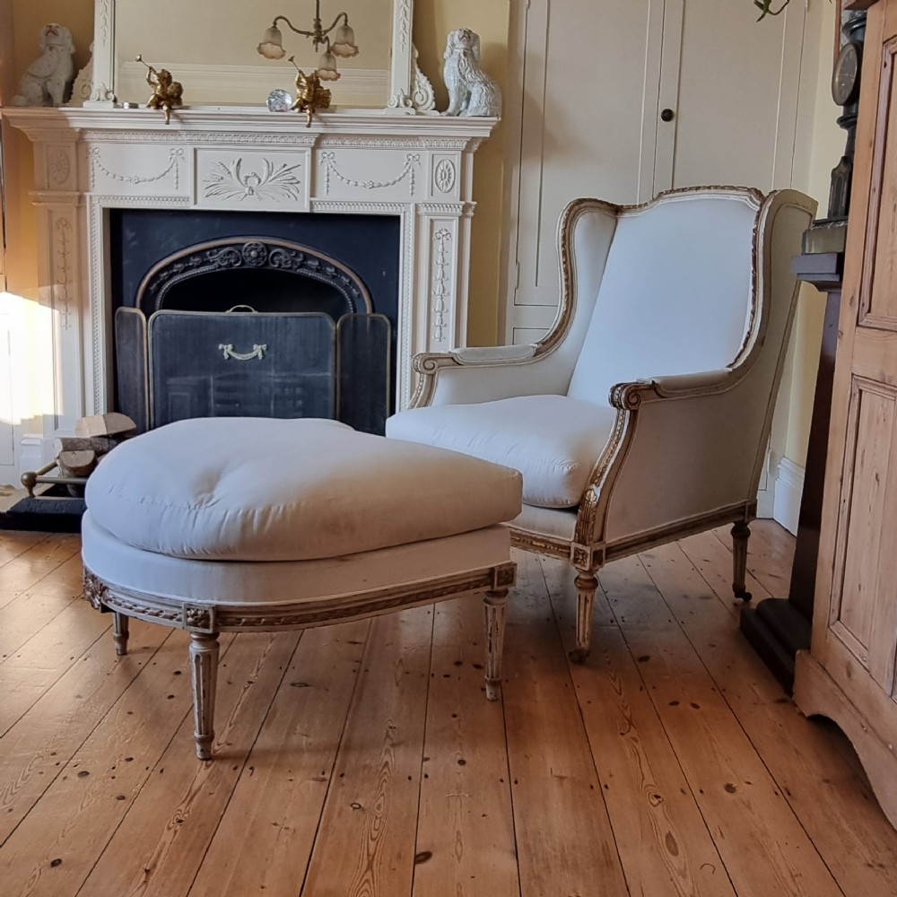 An antique French armchair & footstool (Louis XVI style Duchesse Brisee)