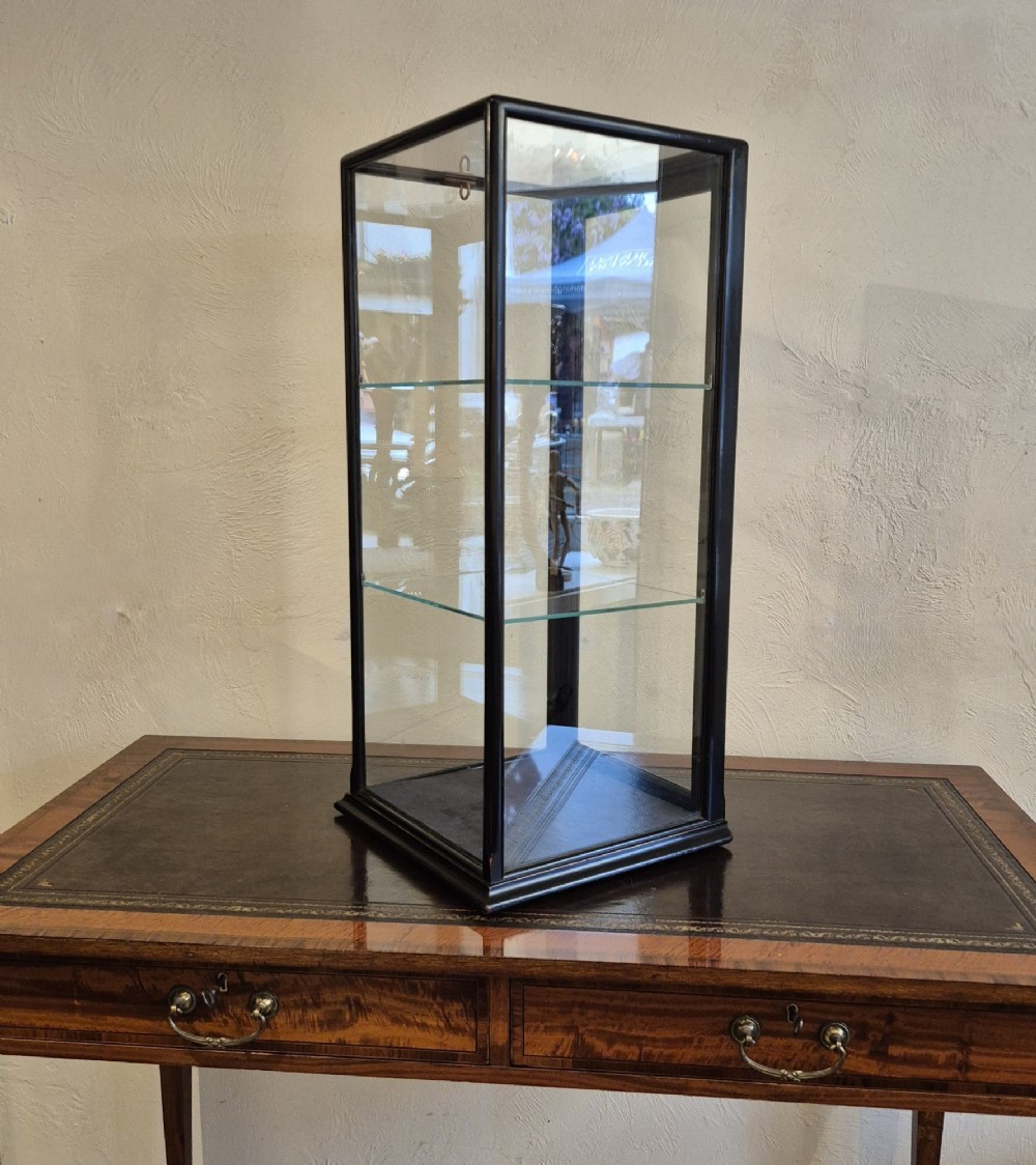 A tall rectangular glass display cabinet featuring an ebonised wooden frame and two interior glass shelves.