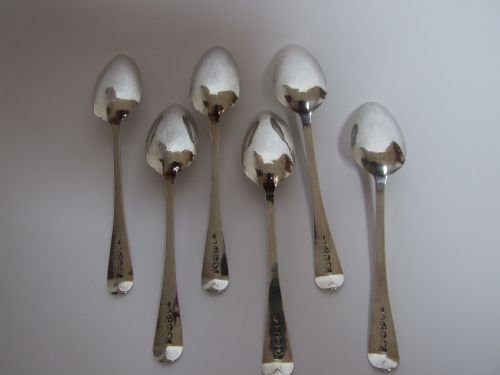 fig 1. Rare set of six Newcastle silver Bright Cut teaspoons.